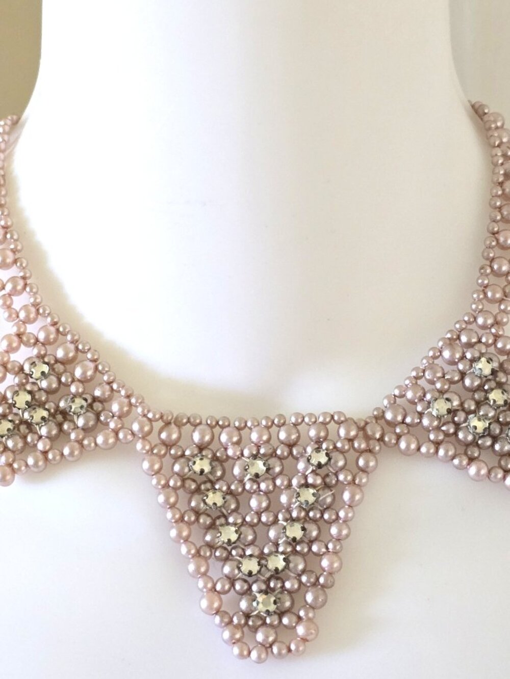 Vintage Pearl rhinestone Bic Collar Choker signed Japan Necklace triangle